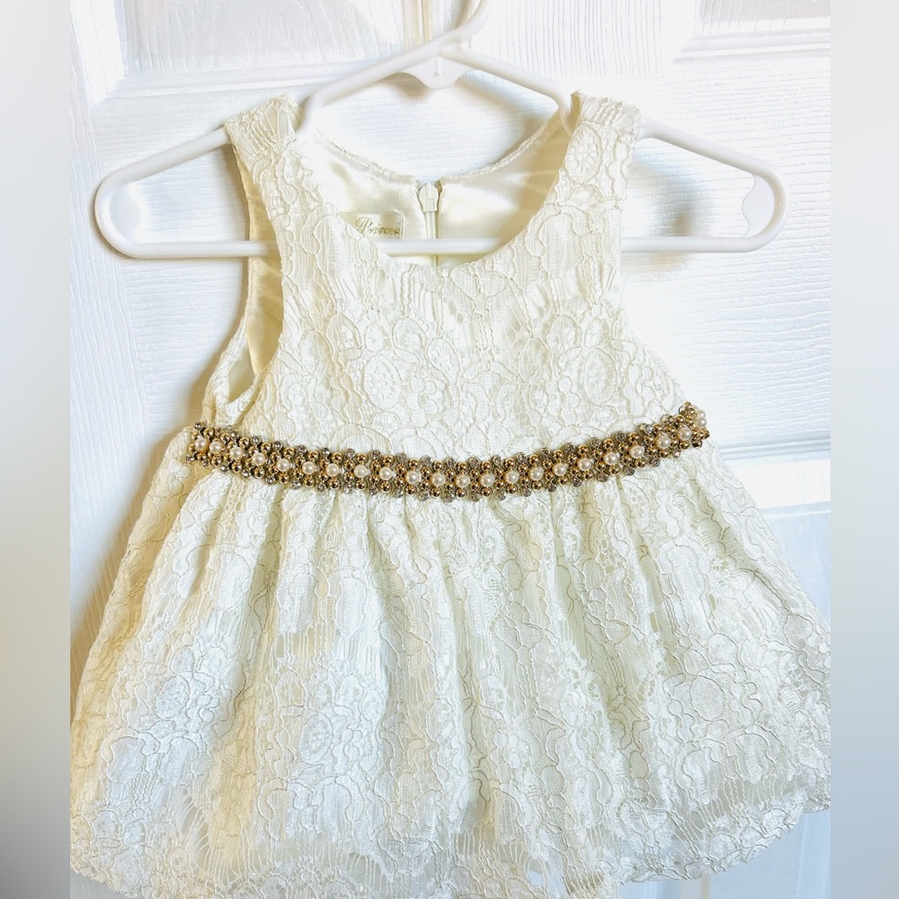 Elegant Ivory Lace Dress with Gold Accents by American Princess